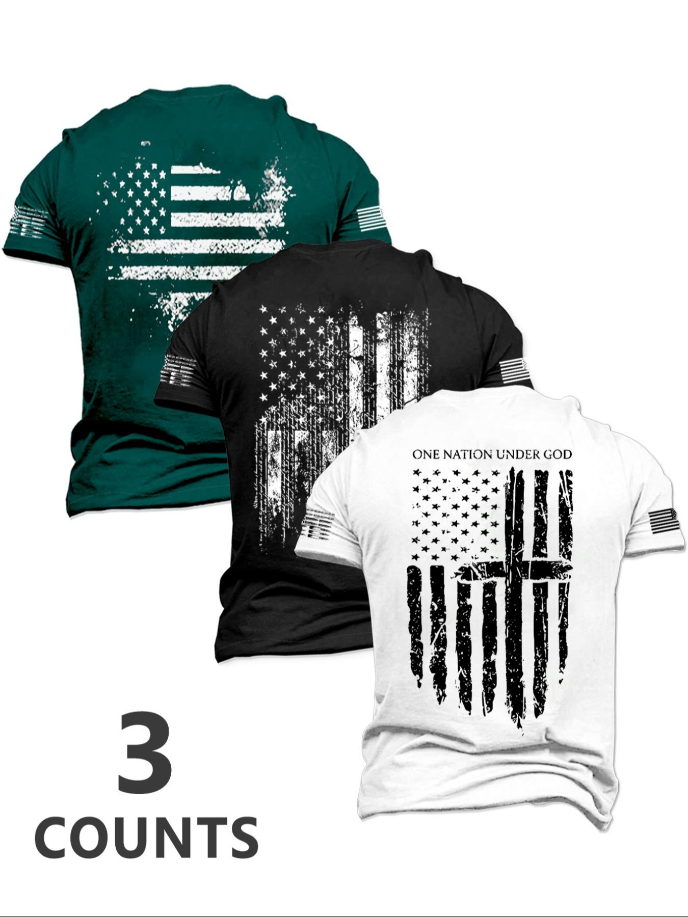 Men's American Flag Print Athletic Letter Print Short Sleeve Tee, Regular Fit Casual Comfy Round Neck T-shirt for Summer, Men's Top for Daily Wear