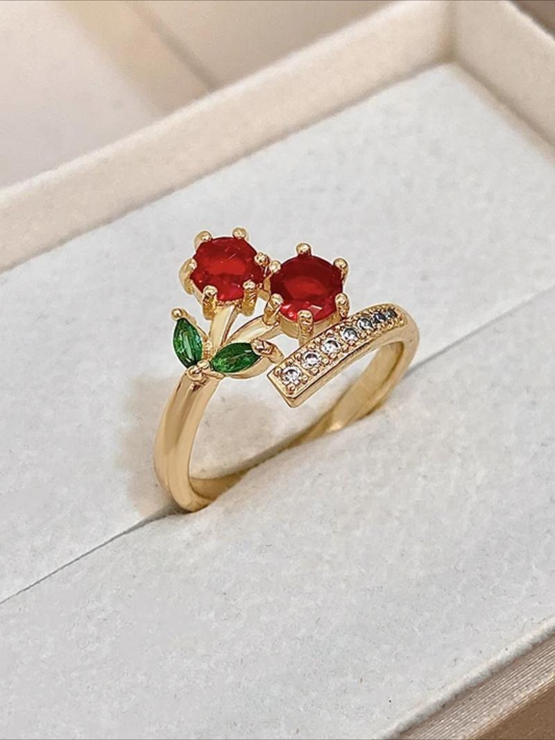 Cute Sweet Cherry Adjustable Ring, Elegant Women's Fashion Cubic Zirconia Ring, Perfect for Daily Wear, Parties, Vacations