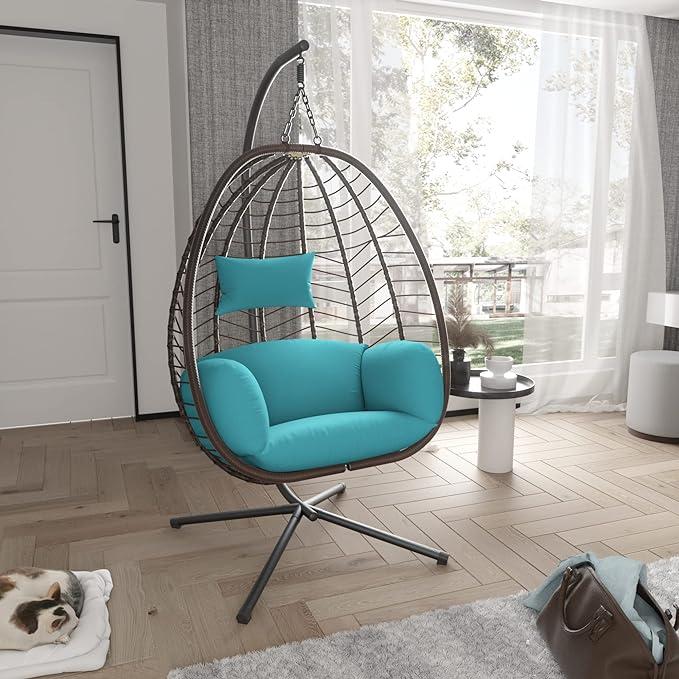 Egg Swing Chair Outdoor Indoor Wicker Rattan Hanging Chair with Stand 350lbs Capacity w/Strong Frame & Cushions for Patio Balcony Bedroom