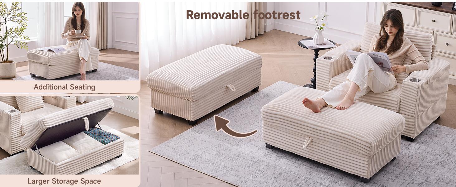 【SPOTLIGHT DAY】ONBRILL Corduroy Oversized Chair with Ottoman, 44" Wide Armchair with Cup Holders & USB Port, Reading Chair w/Storage Armrest, Easy Assembly, Comfy Single Sofa Bed for Living Room, Apartment