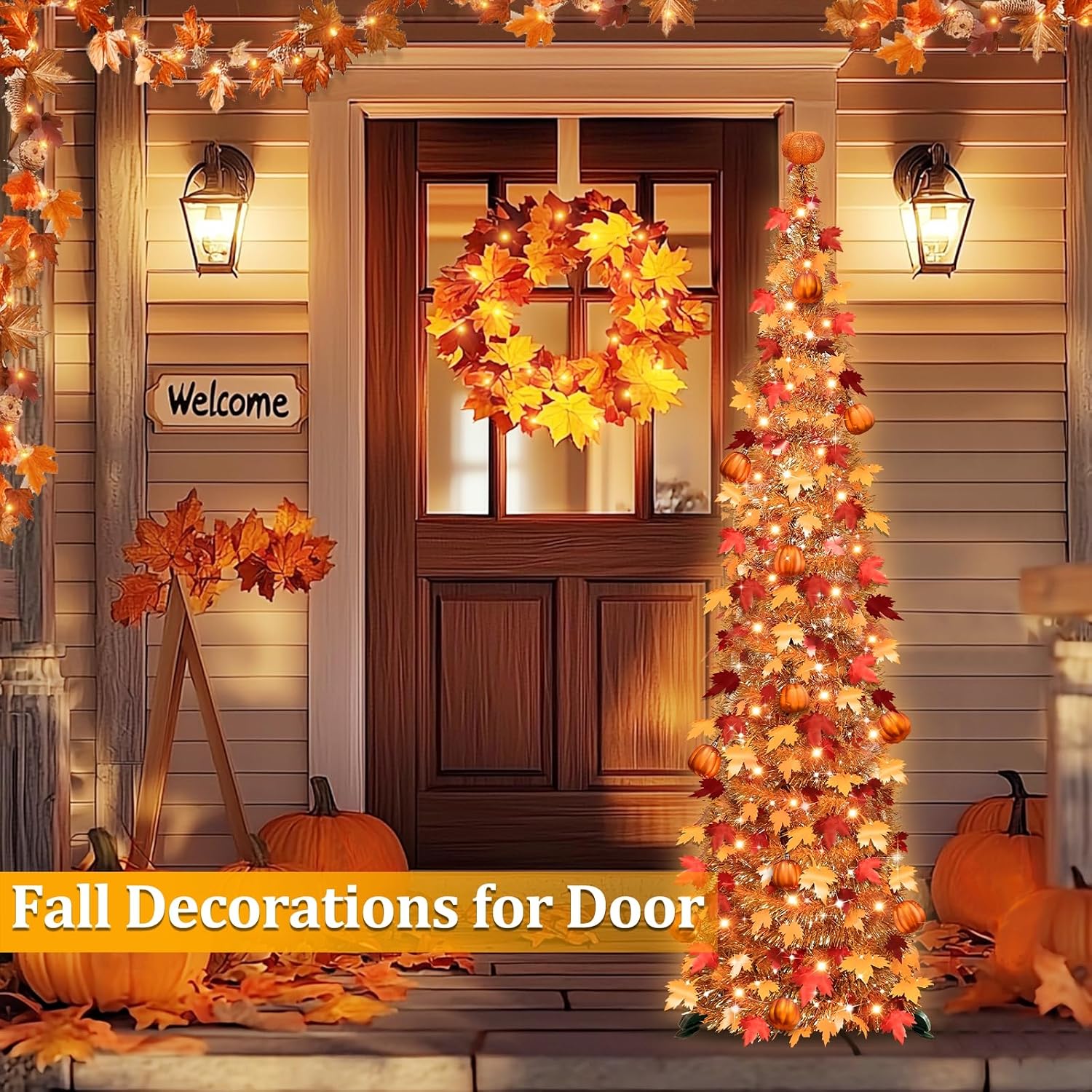5 FT Lighted Fall Tree Decor with Warm White Lights, Halloween Thanksgiving Pumpkin Tree Decorations for Home, Battery Operated Maple Tree for Indoor Harvest Party