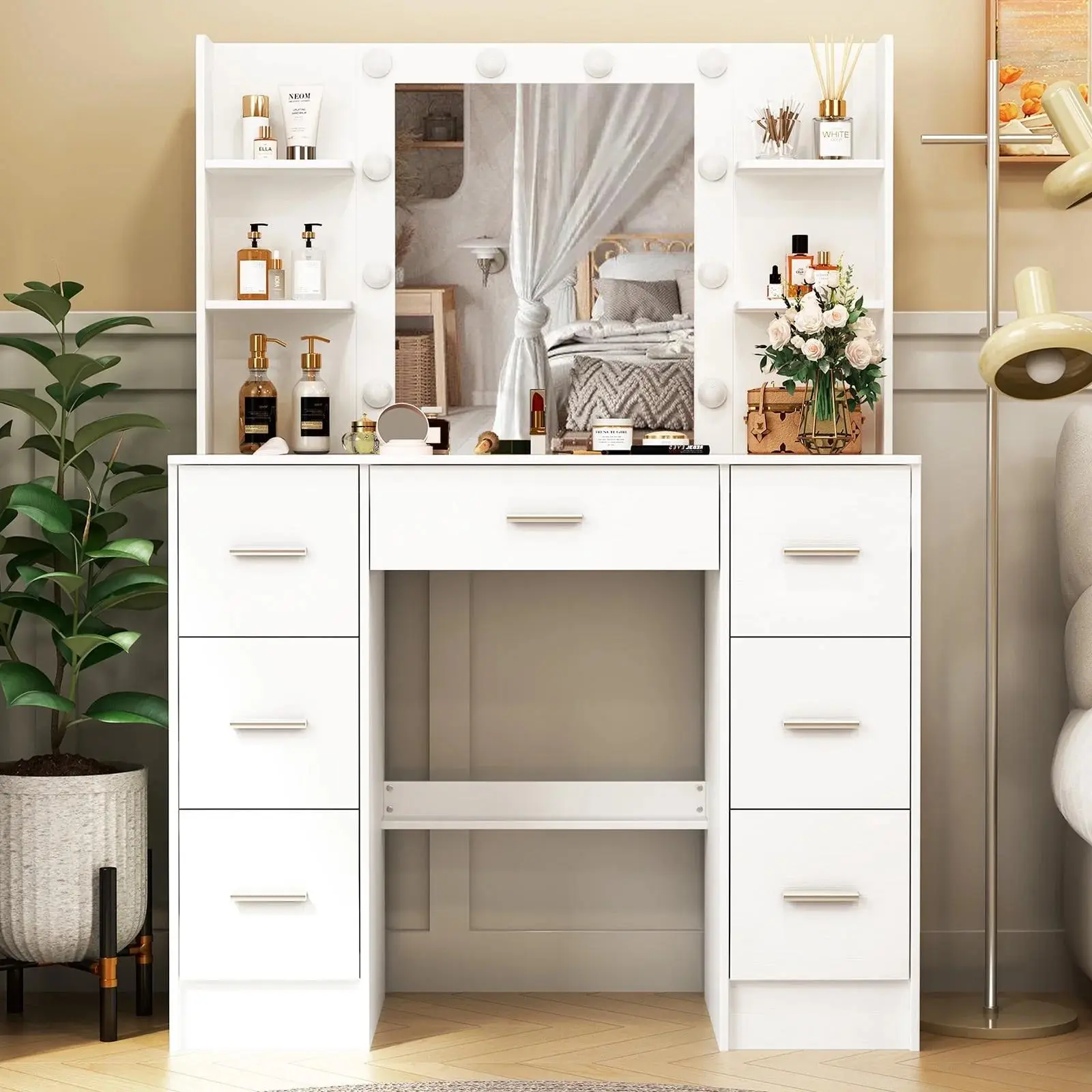 Large Vanity Dest Vanity Makeup Table With LED Lights Mirror & 7 Drawers Dresser