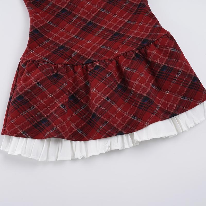 Cute Plaid Round Neck Sleeveless Vest Dress Y2K Style, Adorable Schoolgirl Look, Patchwork Pleated Wool Spring Dress