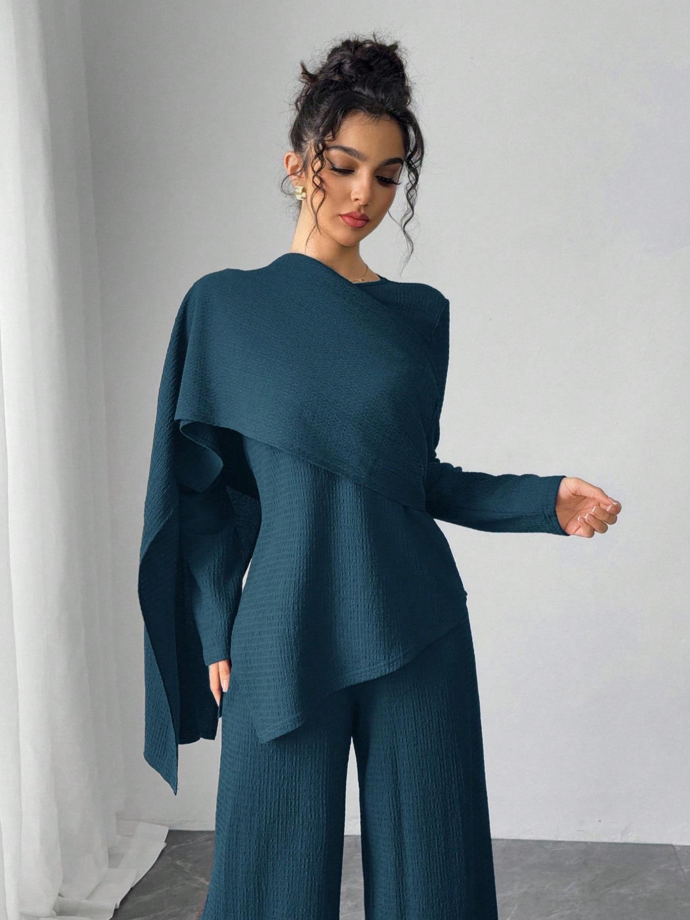 Asymmetric Design Shawl Set, High-End Casual Three-Piece, Textured Top & Wide-Leg Pants, Stylish Daily Wear