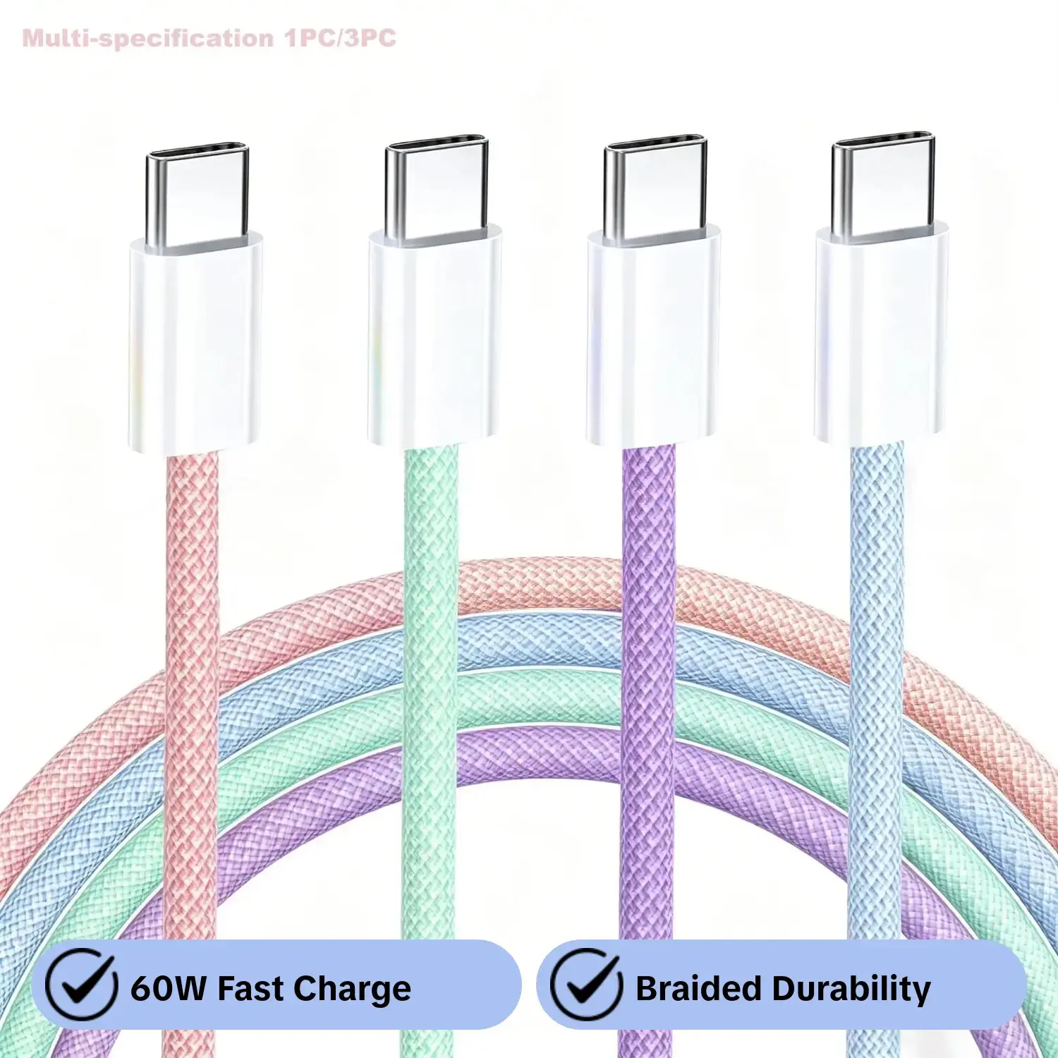 3-Pack USB-C to USB-C Braided Cable for iPhone 17/Air/16/15 Pro Max, Type-C 60 W PD 3.0 Fast Charging Cord Compatible with MacBook Pro/Air, iPad, Galaxy S25/S24 and AirPods, Multi-Color Super Fast Charging Cables