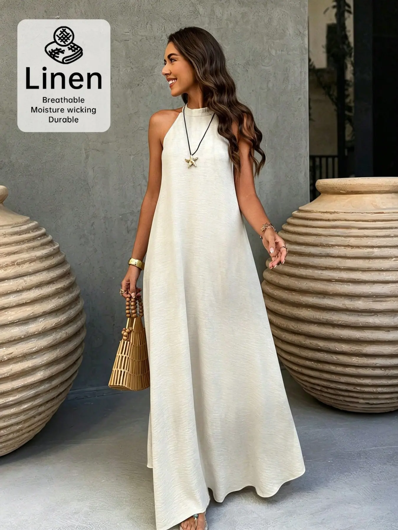 Elegant Simple Minimalist Style Women's Summer Solid Linen Halter Tie Sleeveless Long Dress, Chic and Comfortable, Perfect for Warm Weather