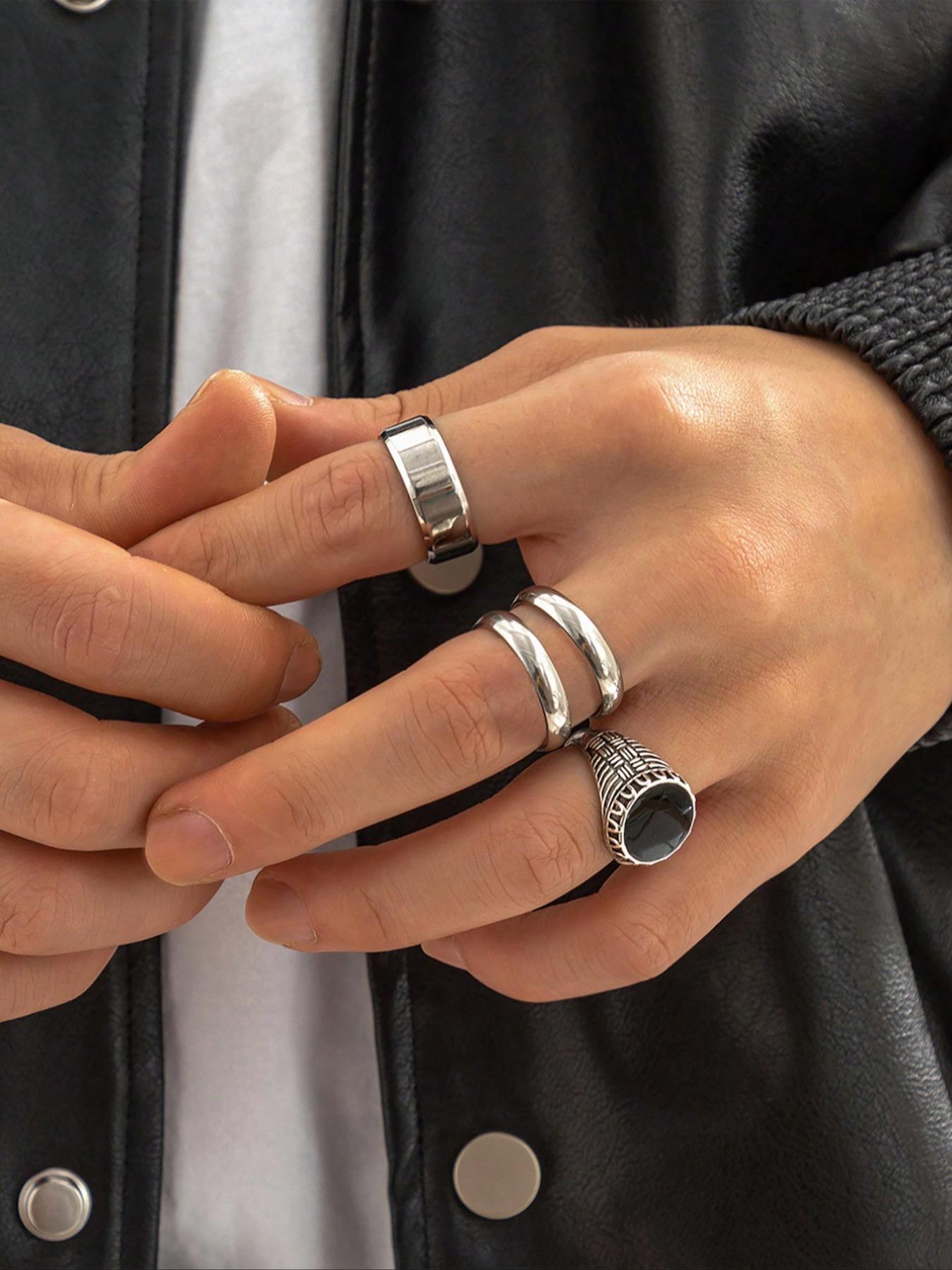 Men's Punk Hip-Hop Style Stainless Steel Chain Rings Set, Geometric Round Design, Fashion Streetwear Jewelry for Daily Wear, Stackable Rings