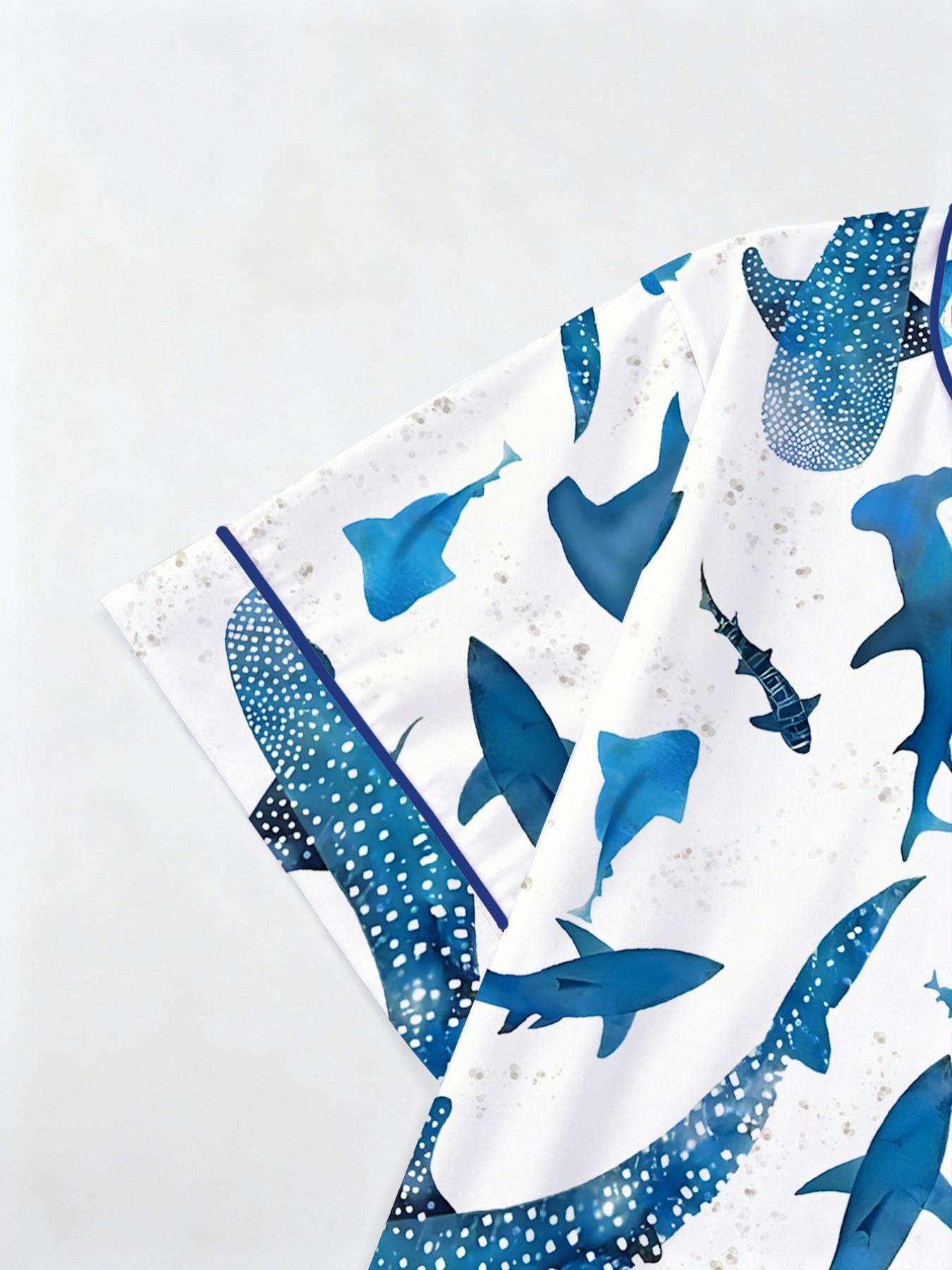 Women's Shark Print Pajama Set, Short Sleeve Button-Up Top and Elastic Shorts, Casual All-Season Sleepwear, Comfortable Home