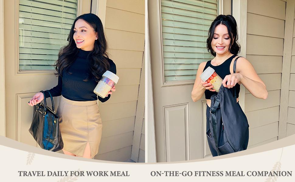 Soligt 16oz Overnight Oats Containers with Lids Folding Spoons & Divided Compartments for Fruit Nuts Small Glass Mason Jars for Oatmeal Yogurt Parfait Portable Kitchen Utensils Food Storage Organizer Airtight Leakproof Reusable