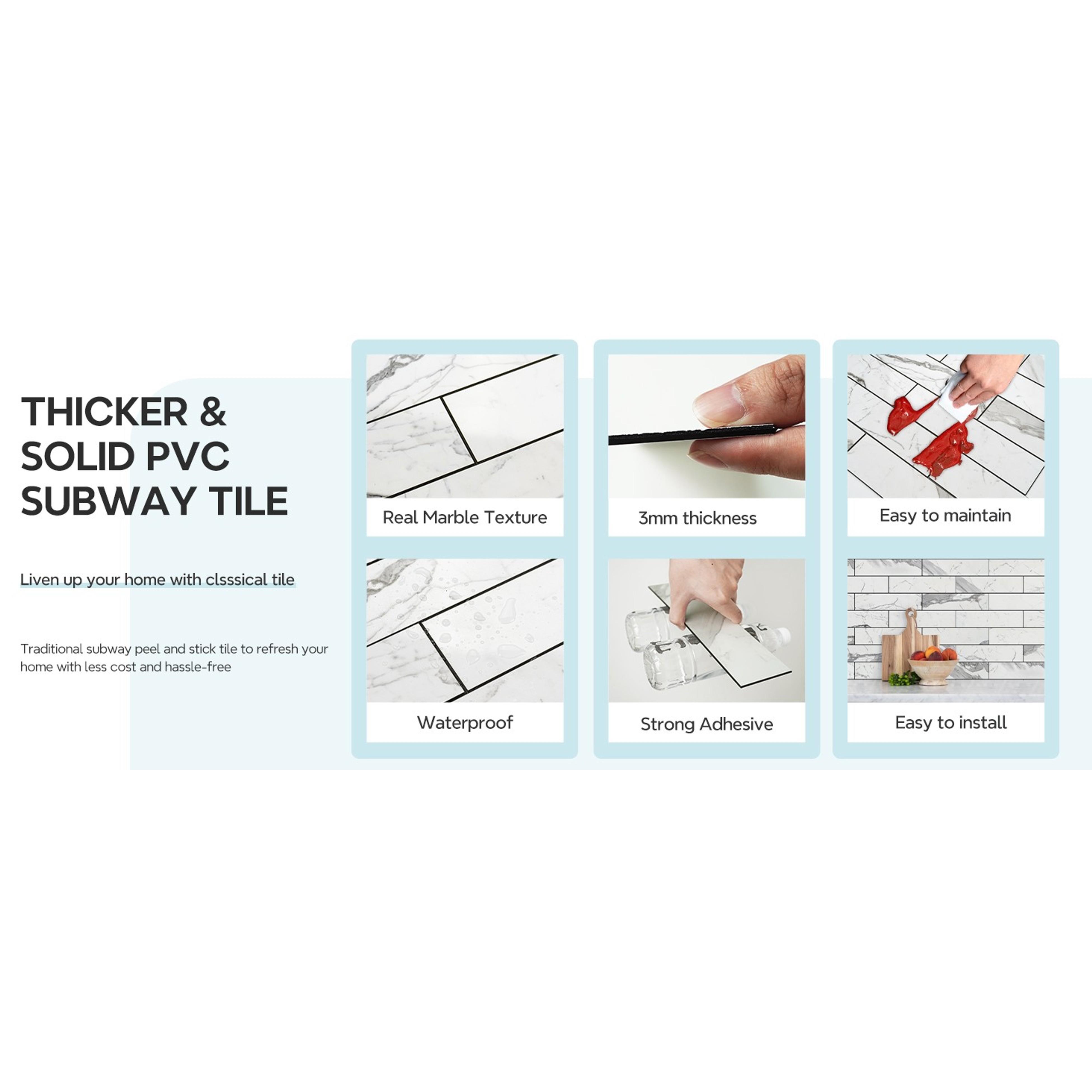 Peel and Stick Backsplash, Glossy 40-Piece 3''x12'' Subway Tile | Statury White with Dark Gray Grout Wall Tile,PVC Faux Stone Stick on Subway Tiles for Kitchen,Bathroom,Laundry,Camper Peel and Stick Backsplash, Glossy 40-Piece 3''x12'' Subway Tile | Statury White with Dark Gray Grout Wall Tile,PVC Faux Stone Stick on Subway Tiles for Kitchen,Bathroom,Laundry,Camper