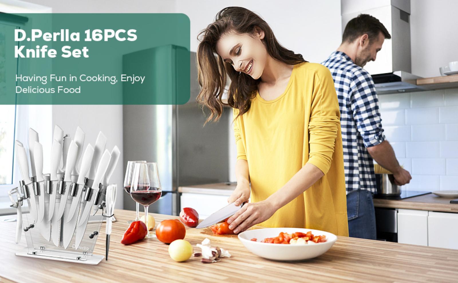 D.Perlla Knife Set Ceramic 16 Pieces White Kitchen Knife Set with Acrylic Stand, High Carbon Stainless Steel, Non Stick Coated Knife Block Set, No Rust, Non Slip Handle, Sharp Knife D.Perlla Knife Set Ceramic 16 Pieces White Kitchen Knife Set with Acrylic Stand, High Carbon Stainless Steel, Non Stick Coated Knife Block Set, No Rust, Non Slip Handle, Sharp Knife