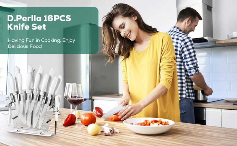 D.Perlla Knife Set Ceramic 16 Pieces White Kitchen Knife Set with Acrylic Stand, High Carbon Stainless Steel, Non Stick Coated Knife Block Set, No Rust, Non Slip Handle, Sharp Knife D.Perlla Knife Set Ceramic 16 Pieces White Kitchen Knife Set with Acrylic Stand, High Carbon Stainless Steel, Non Stick Coated Knife Block Set, No Rust, Non Slip Handle, Sharp Knife