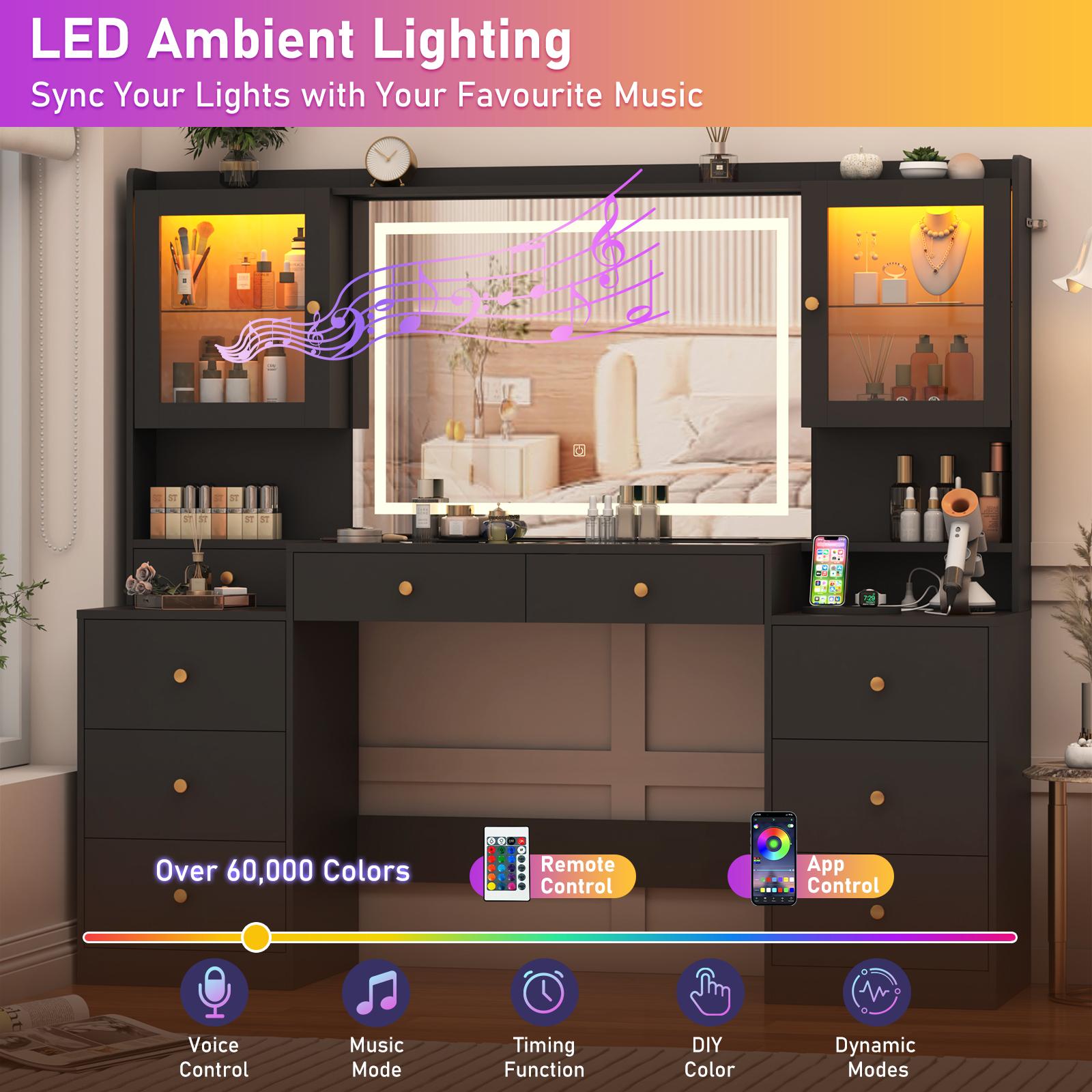 62" Large Vanity Desk w/ Tempered Glass Top,60000-color LED Lights,Power Outlet, Make up Vanity w/ 3 Lights Mode LED Mirror,2 RGB Cabinet LED Vanity Table for Women,Girls (White/Black) 62" Large Vanity Desk w/ Tempered Glass Top,60000-color LED Lights,Power Outlet, Make up Vanity w/ 3 Lights Mode LED Mirror,2 RGB Cabinet LED Vanity Table for Women,Girls (White/Black)
