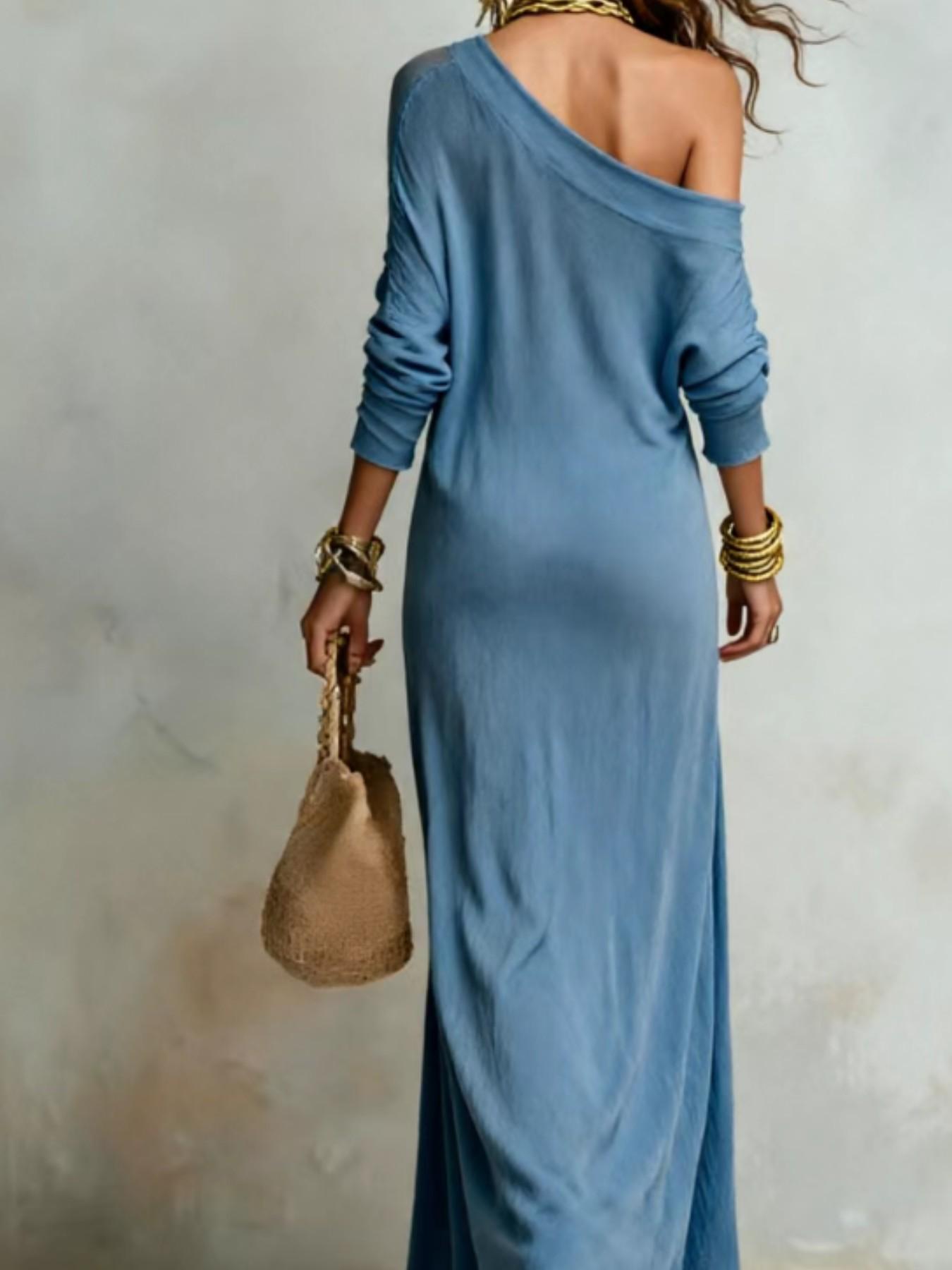 Elegant Chic Asymmetrical One-Shoulder Long Dress for Women, Summer Beach Vacation Style, Split Design, European and American Fashion, Elegance