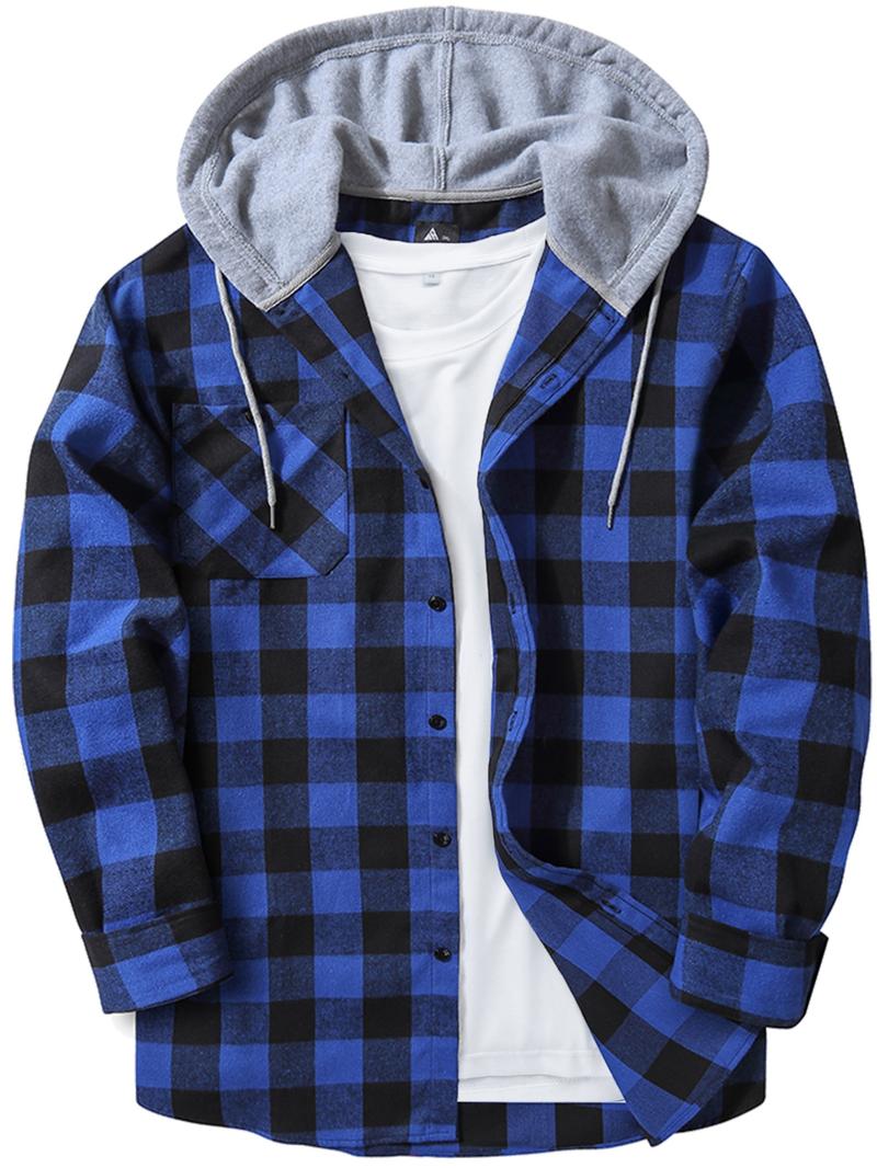 【Plus Size】 Plaid Print Button Front Drawstring Hooded Shirt, Casual Regular Fit Long Sleeve Pocket Top for Daily Wear, Men's Clothing for All Seasons