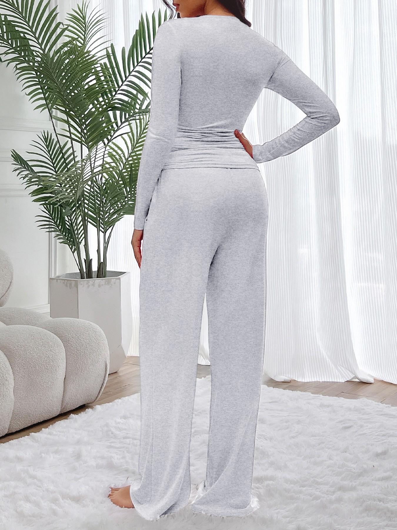 Women's Solid Ruched Drawstring Loungewear Set, Casual Long Sleeve Round Neck Top & Pocket Wide Leg Trousers, Ladies Sleepwear for All Seasons