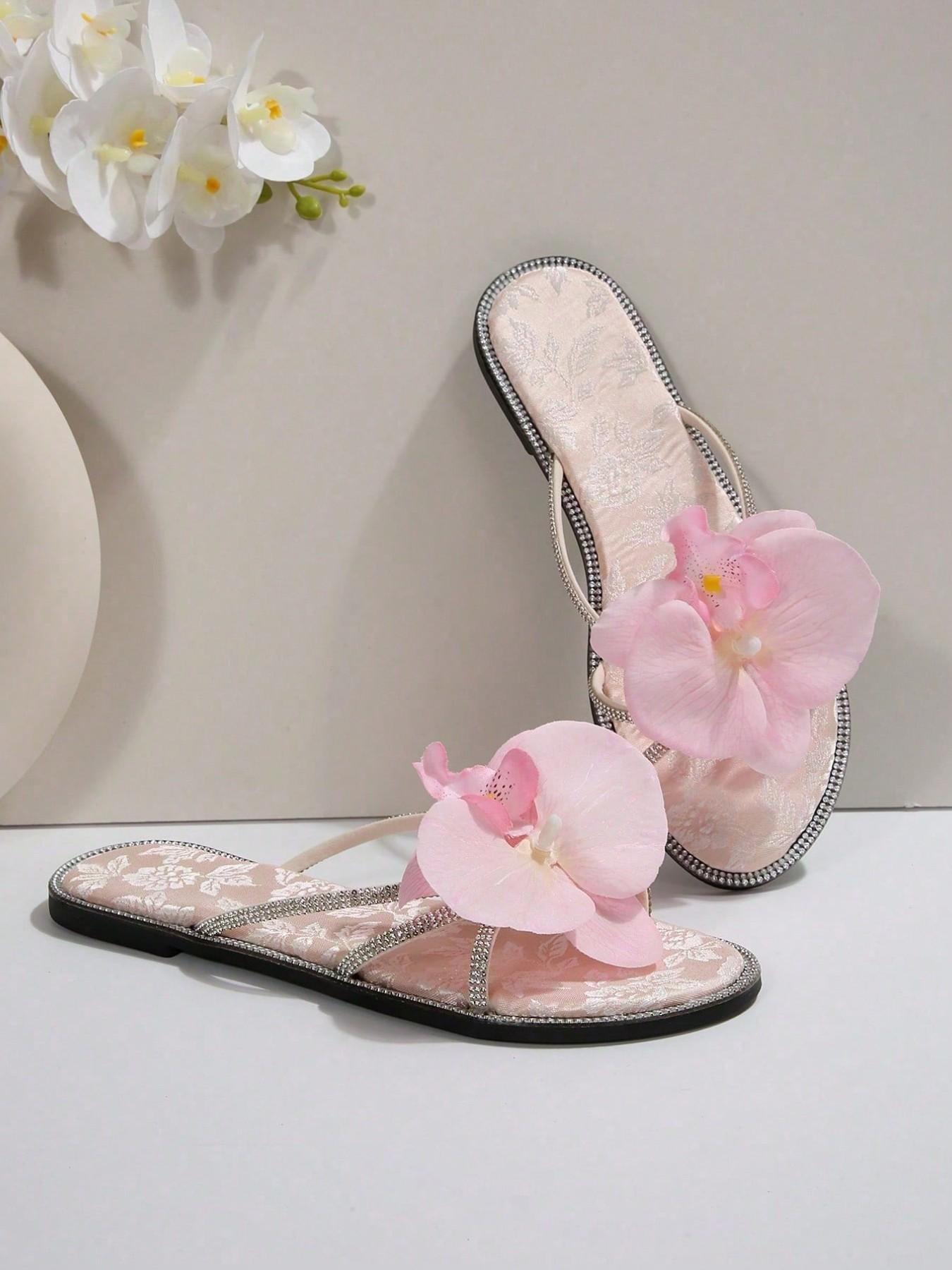 French 3D Flower Rhinestone Design Cute Fairy Commute Party Stickers, Soft Sweet Style Flat Sandals for Beach Wedding Office Home Outdoor Summer