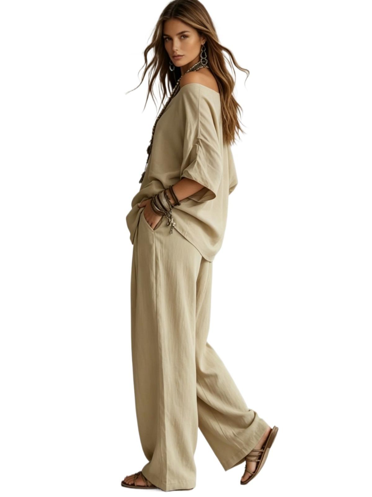 Women's Summer Solid 3/4 Sleeve Tops & Wide Leg Pants Set, Casual Loose Simple Fashion Outfit, Daily Holiday Travel Two Piece Set Women's Summer Solid 3/4 Sleeve Tops & Wide Leg Pants Set, Casual Loose Simple Fashion Outfit, Daily Holiday Travel Two Piece Set