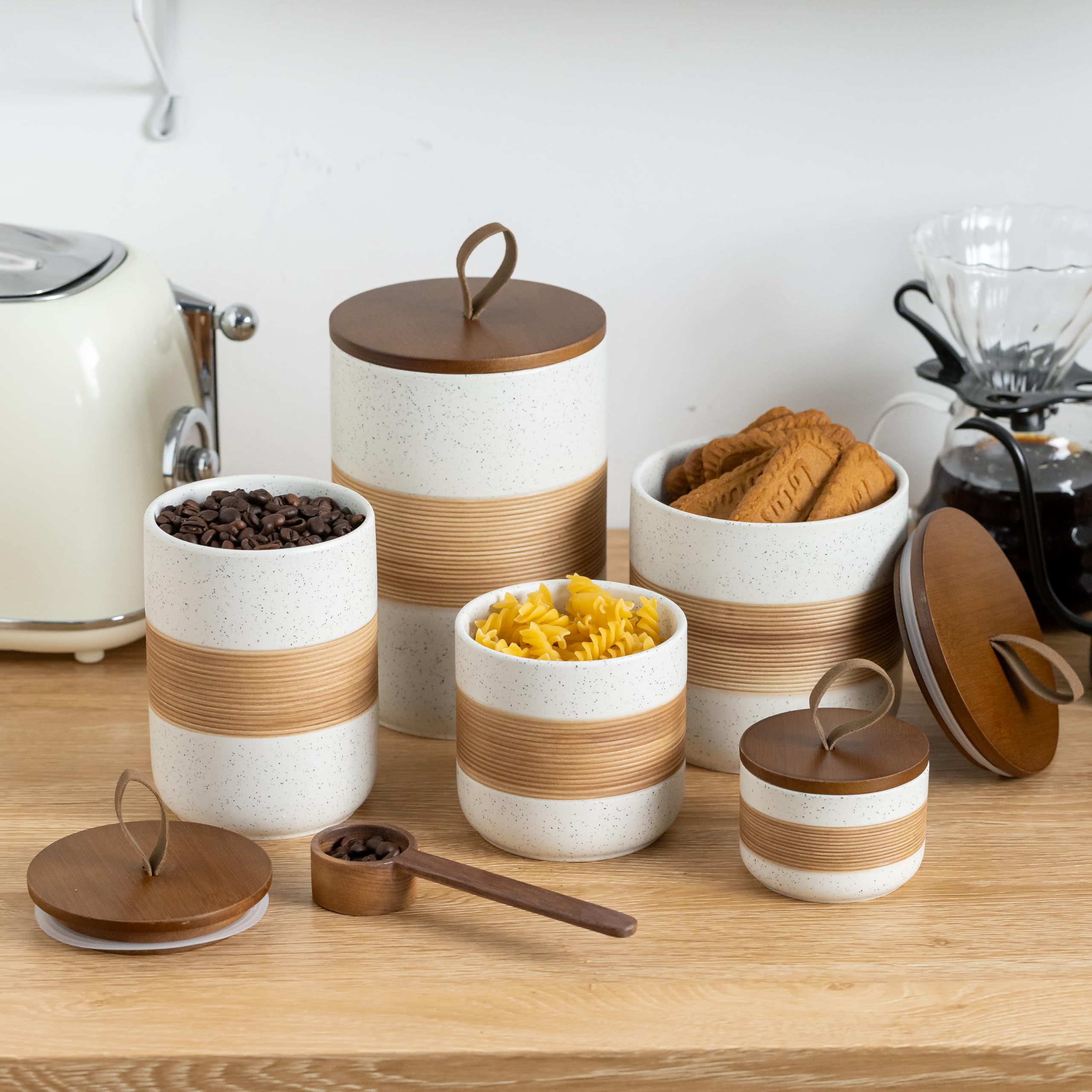 Ceramic Jar with Lid, Coffee Container Kitchen Food Storage Jars for Spice Sugar Tea Bag, Stackable Decorative Jars for Countertop