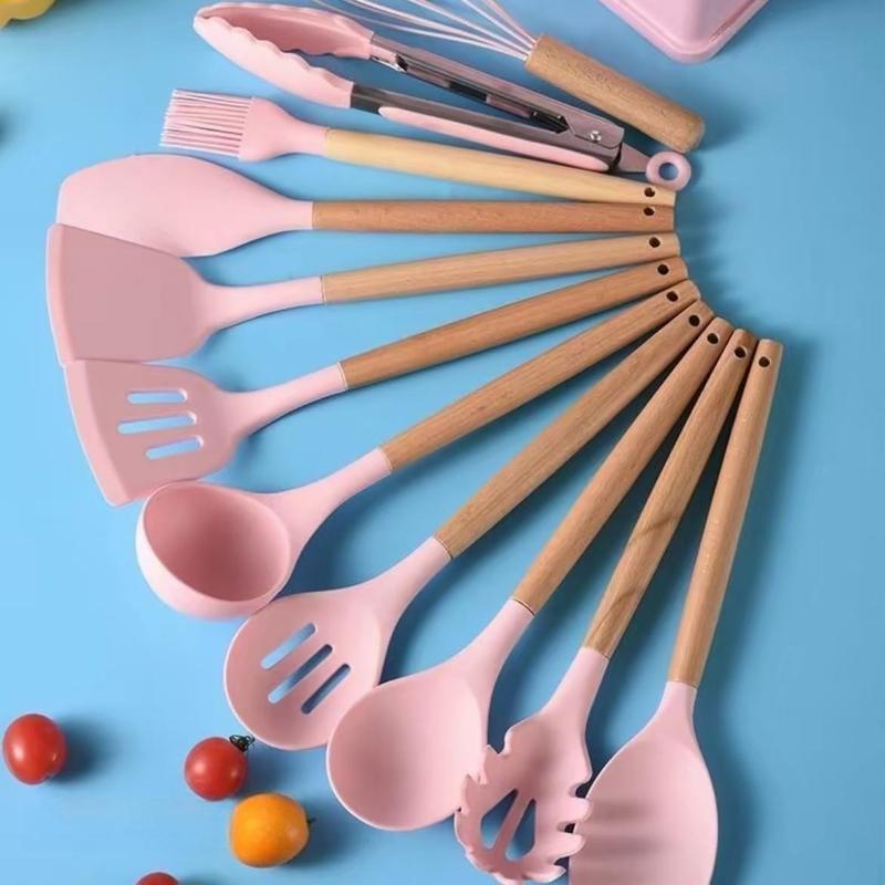 19pcs Silicone Kitchen Utensil Set With WoodenHandles,Heat-Resistant Non-Stick Cooking ToolsIncludes Elegant Knives And Storage Organizer-Easy Cooking & Cleaning For Home And KitchenLight Green Steel Spatulas Stainless Board Pasta Spoon Utility