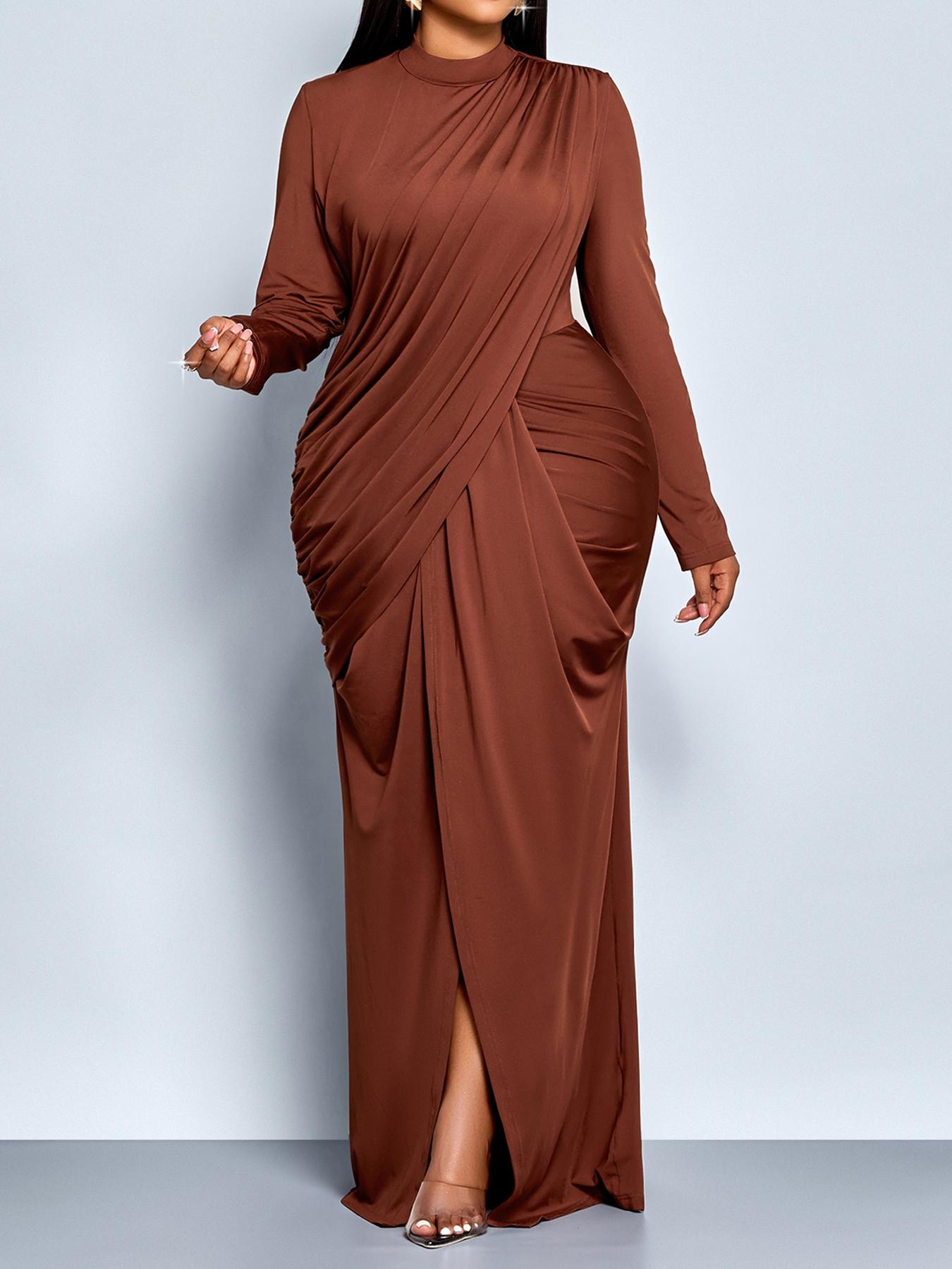 Women's Elegant Fall Winter Plus Size Dress, Stand Collar Ruched Bodycon, Long Sleeve Plain Design, Fashionable Commuter Wear