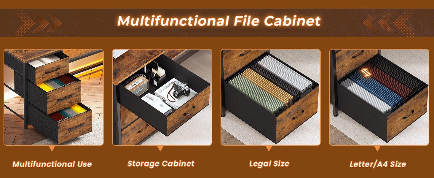 SEDETA 59" Office Desk with Drawers, Reversible Computer Desk with File Drawers & Storage, Gaming Desk with LED Lights & Power Outlet, Home Office Desks for Printer