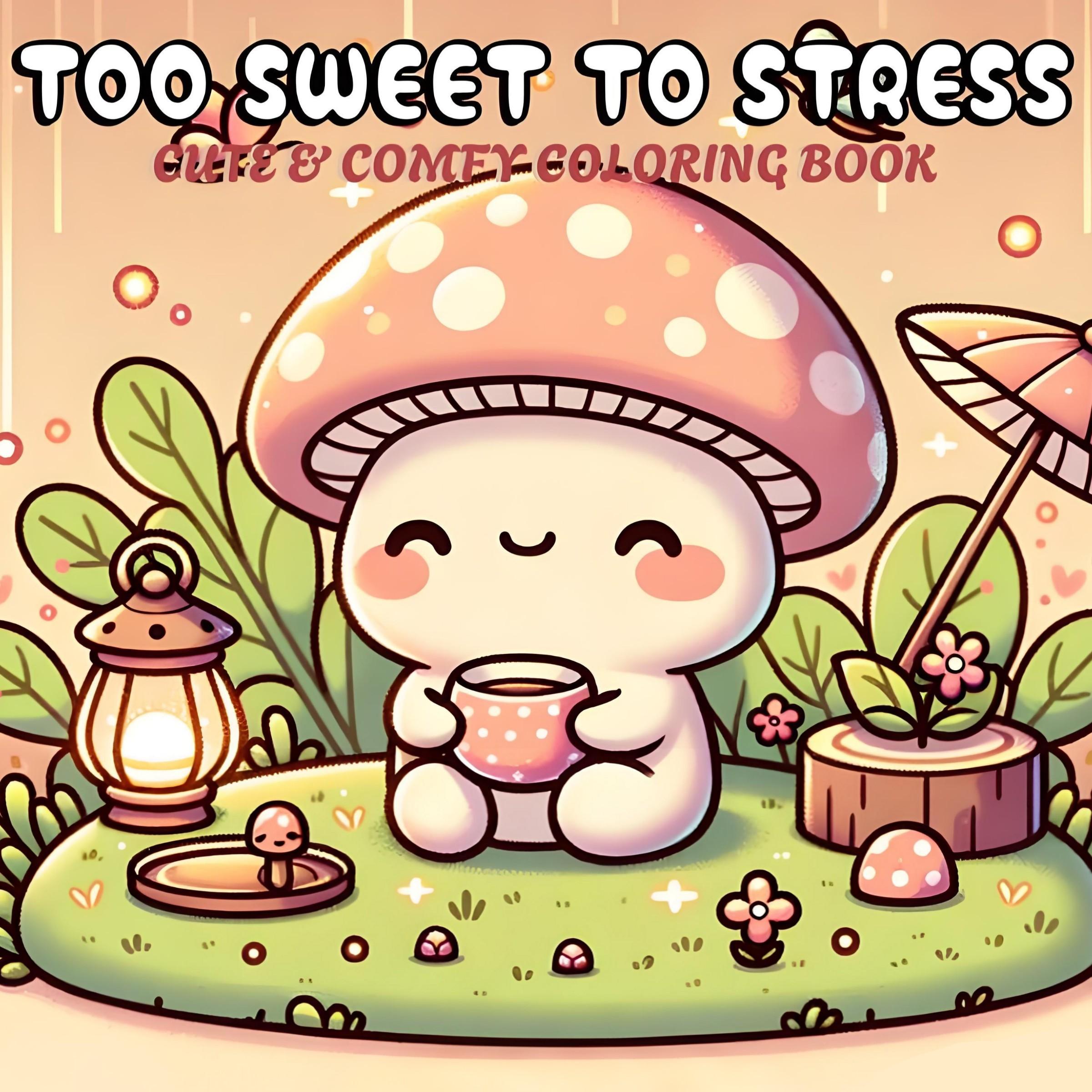 Too Sweet To Stress Cute & Comfy Coloring Book for Kids & Adults - 22 Easy Kawaii Cozy Mushroom Coloring Pages, 120gsm Thick No Bleed Paper, Non-Toxic Odorless, Glue Binding, Perfect for Stress Relief
