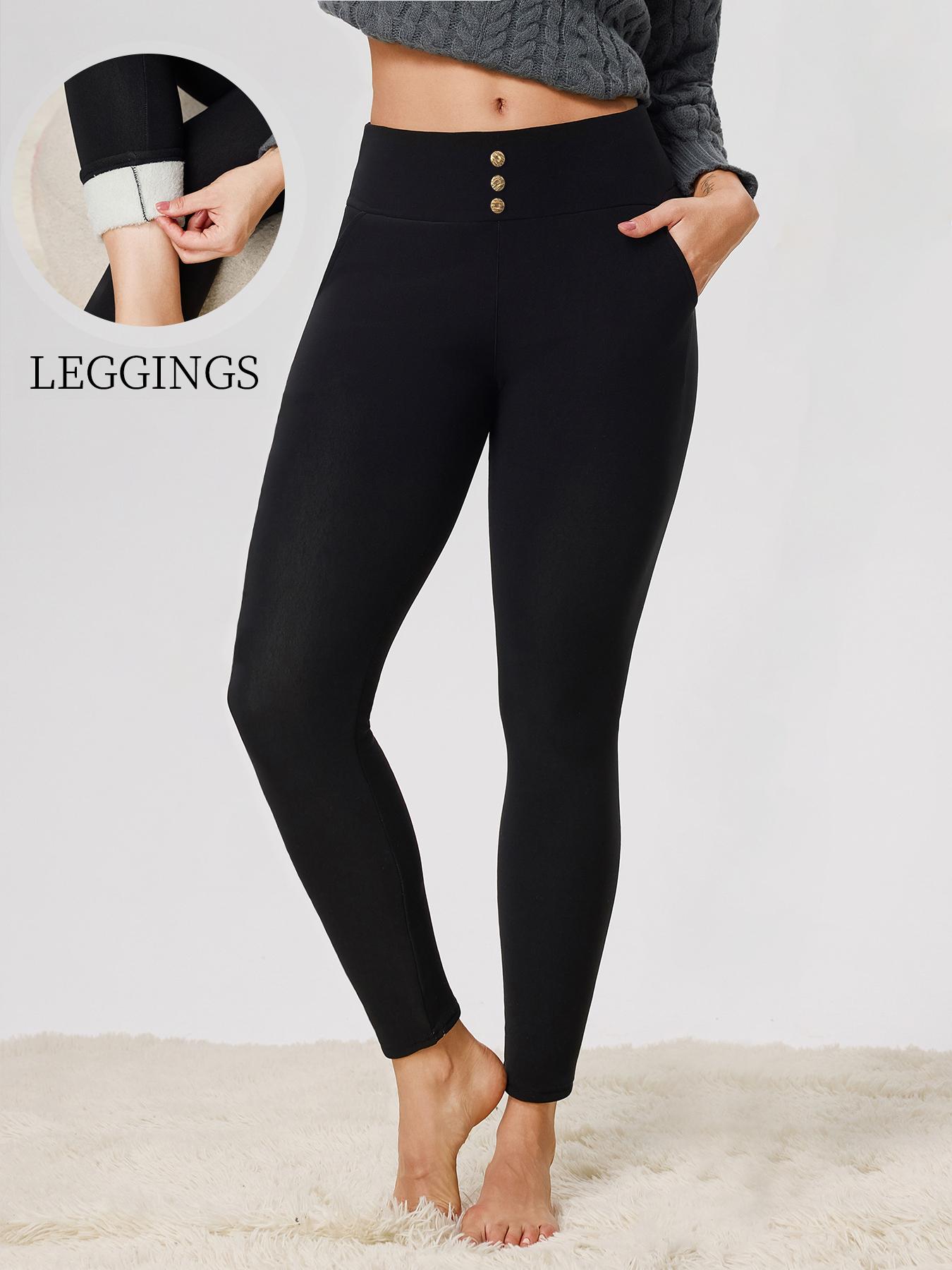 Women's High Waist Fleece Lined Leggings, Thick Warm Yoga Pants with Pockets, Comfortable Elastic Winter Bottoms, Casual Fashion, High Stretch Bottoms