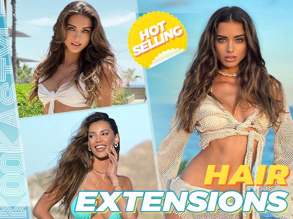 [ KooKaStyle ]Clip in Long Wavy Synthetic Hair Extension 20 Inch 4PCS Balayage Dark Brown to Chestnut Hairpieces Fiber Thick Double Weft Hair Extension for Women