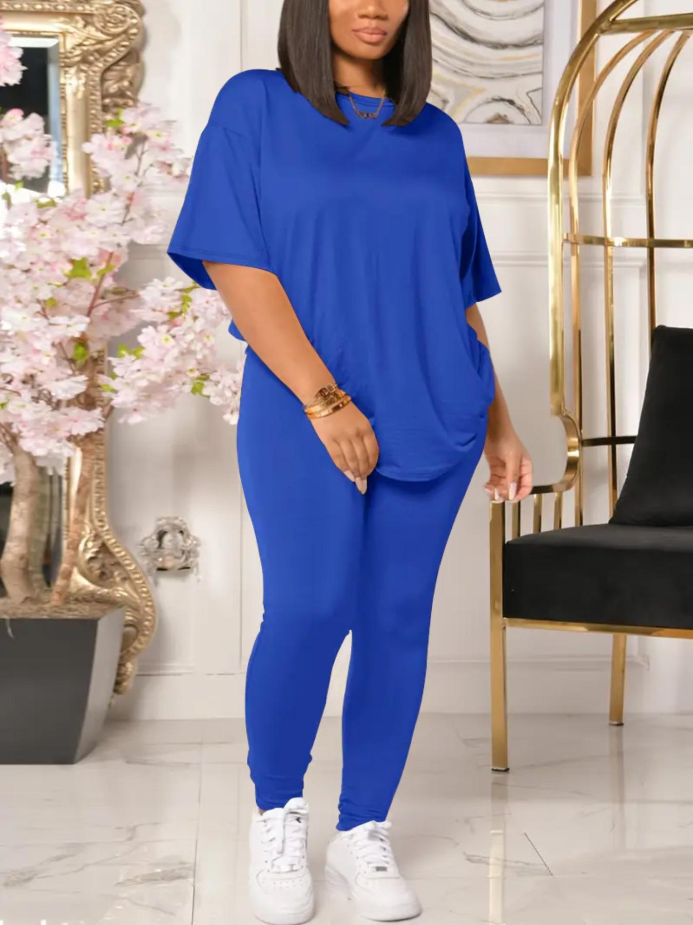 【Plus Size】 Solid Color Tee & Skinny Pants Two-Piece Set, Casual Matching Set, Casual Round Neck T-Shirt & Trousers for Daily Wear, Women's Two-Piece Set for All Seasons