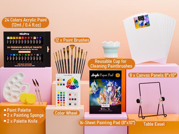 Nicpro 68Pack Acrylic Paint Canvas Set for Adults & Kids, Art Painting Supplies Kit with 24 Paints,Table Easel,8 Canvas Panels,12 Brushes,Paper Pad,Cleaning Cup,Sponge,Palette for Artist Beginner