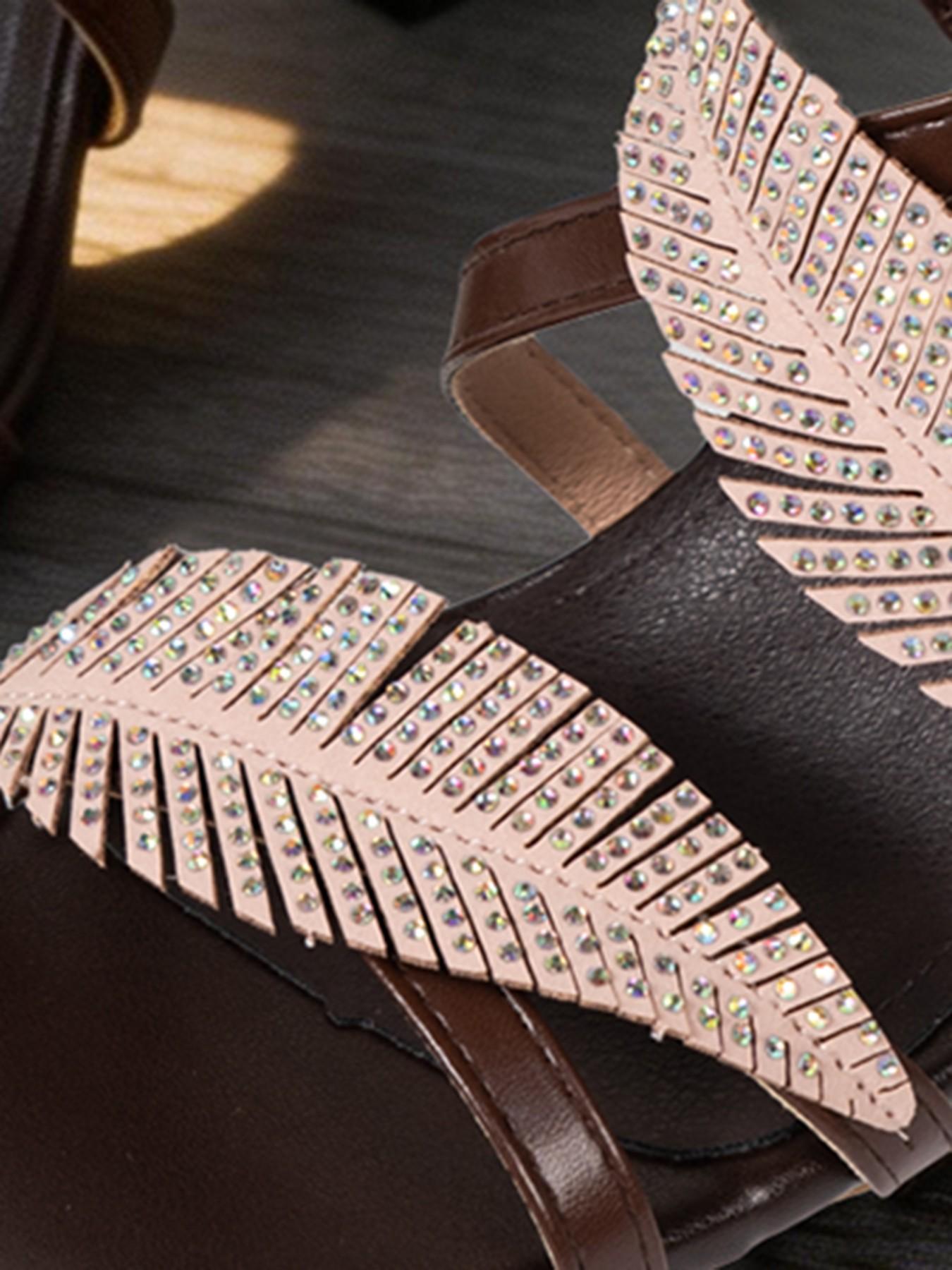 Boho Rhinestone Leaf Heeled Sandals, Vacation Beach High Heel Sandals, Stylish Footwear for Summer, Perfect for Tropical Getaways