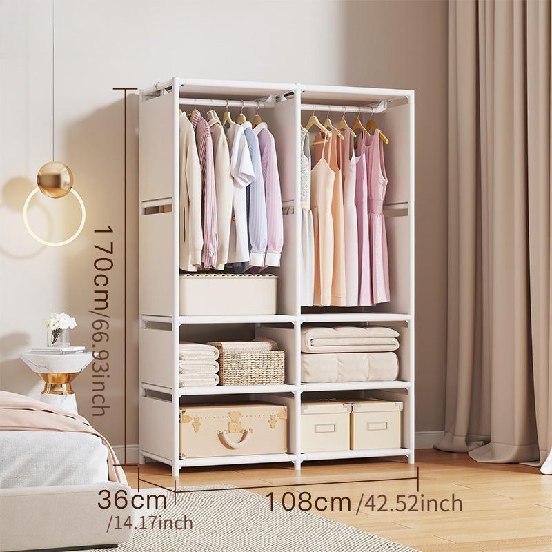 Wardrobe with clothes rod and storage shelves, standalone portable storage cabinet, easy-to-assemble fabric clothing organizer storage cabinet, sturdy metal frame, suitable for bedrooms, walk-in closets, apartments, dormitories, and small spaces