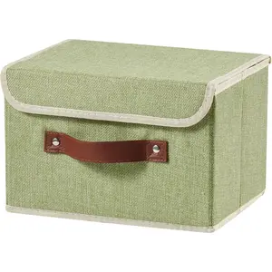 Storage Boxes with Lid Cotton Linen Fabric Storage Bins Organizer Container Decorative Collapsible Washable Shelf Baskets Faux Leather Handles for Home Bedroom Closet (Green, Small Size)
