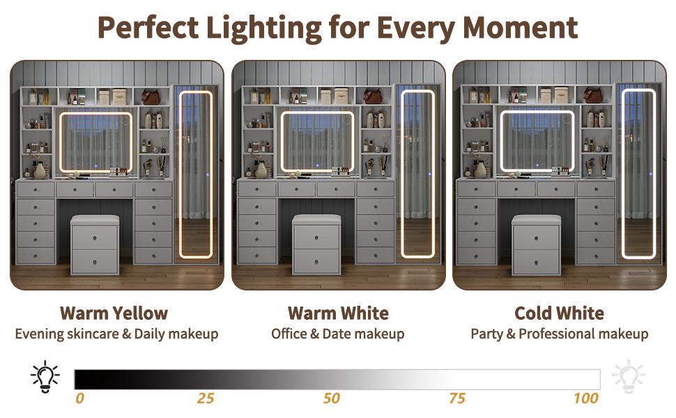 [Shipping by 3 Packages] FUSOU 2-in-1 Vanity Desk Full Length Mirror & LED Mirror with Power Outlet, Makeup Vanity 14 Drawers & 10 Shelves, Hidden Storage Capacity, Dimmable & 3 Color Lighting Dressing Table for Bedroom, White,Shipping by 3 Packages