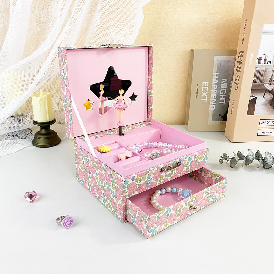 1pc Pink Floral Drawer Wind-up Musical Jewelry Box, Rotating Ballet Music Box for Earrings Necklaces Rings Storage and Display, Perfect Mother's Day Valentine's Day Anniversary Gift​