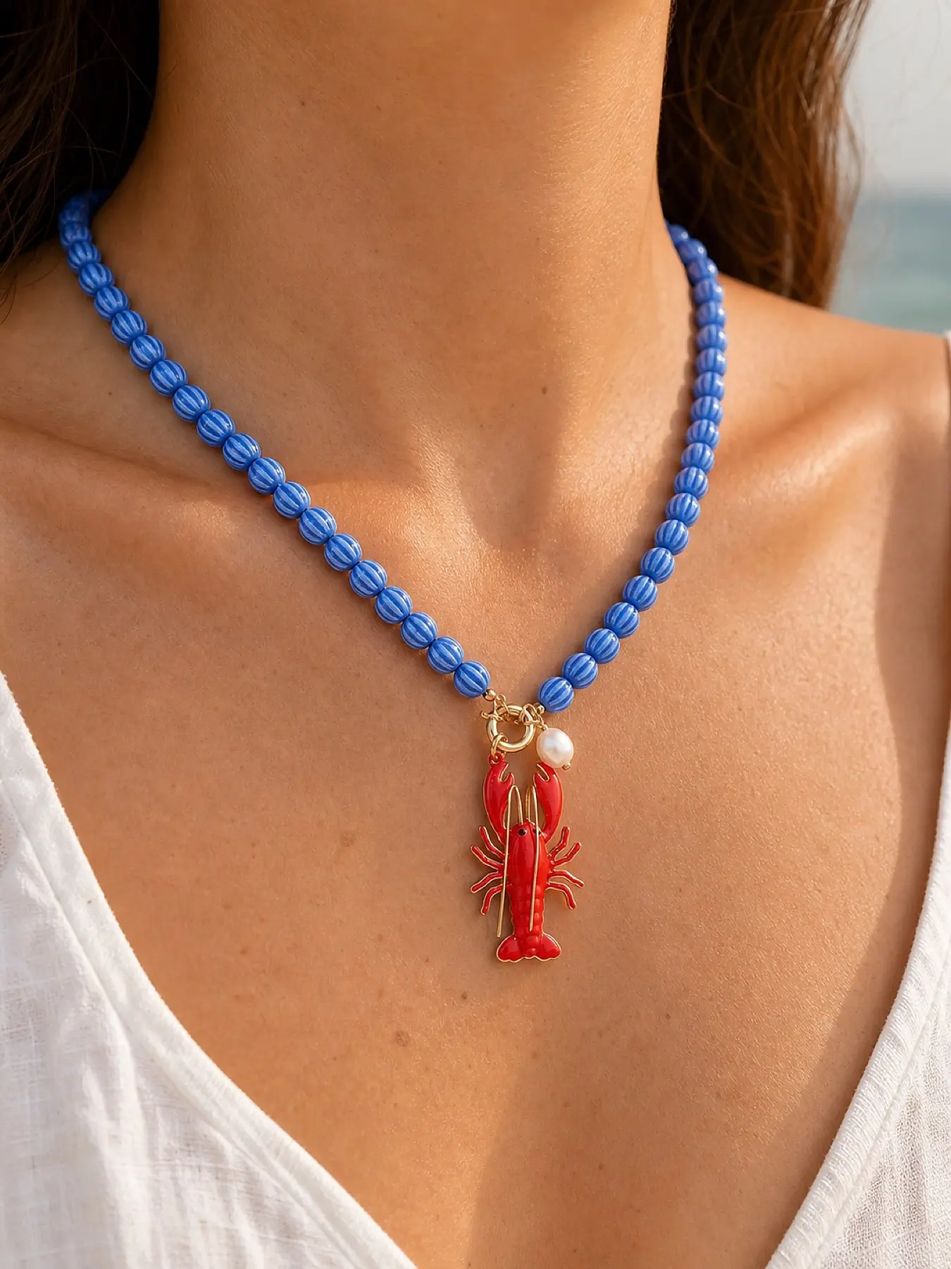 Blue Vertical Stripe Pearl Lobster Pendant Necklace, Elegant Jewelry Accessory, Perfect for Daily Wear and Special Occasions