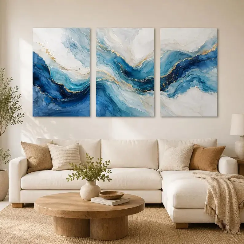 3-Piece Blue Abstract Wall Art Set, Navy Blue-Gold Marble Pattern Triptych Canvas Painting, Modern Home Decor for Living Room Bedroom Office Artwork