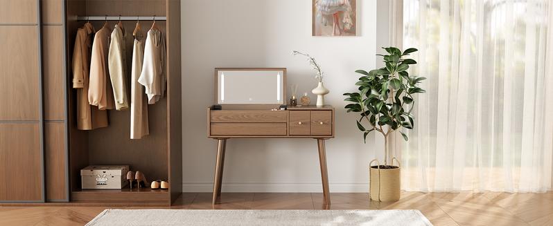 【Eco-Friendly】Elegant Handicraft Vanity, 100% Solid Wood - NO MDF, with Mirror and Lights, Dressing Vanity Table, Large Wooden Make Up Vanity Table for Bedroom (with Adapter)