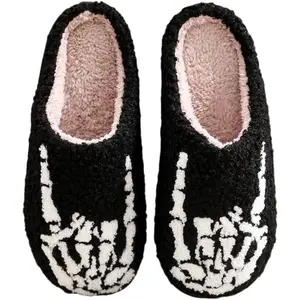 Skeleton Slippers - Gothic Cozy Plush Slip-Ons for Women & Men, Funny Black Home Slippers for Winter Footwear