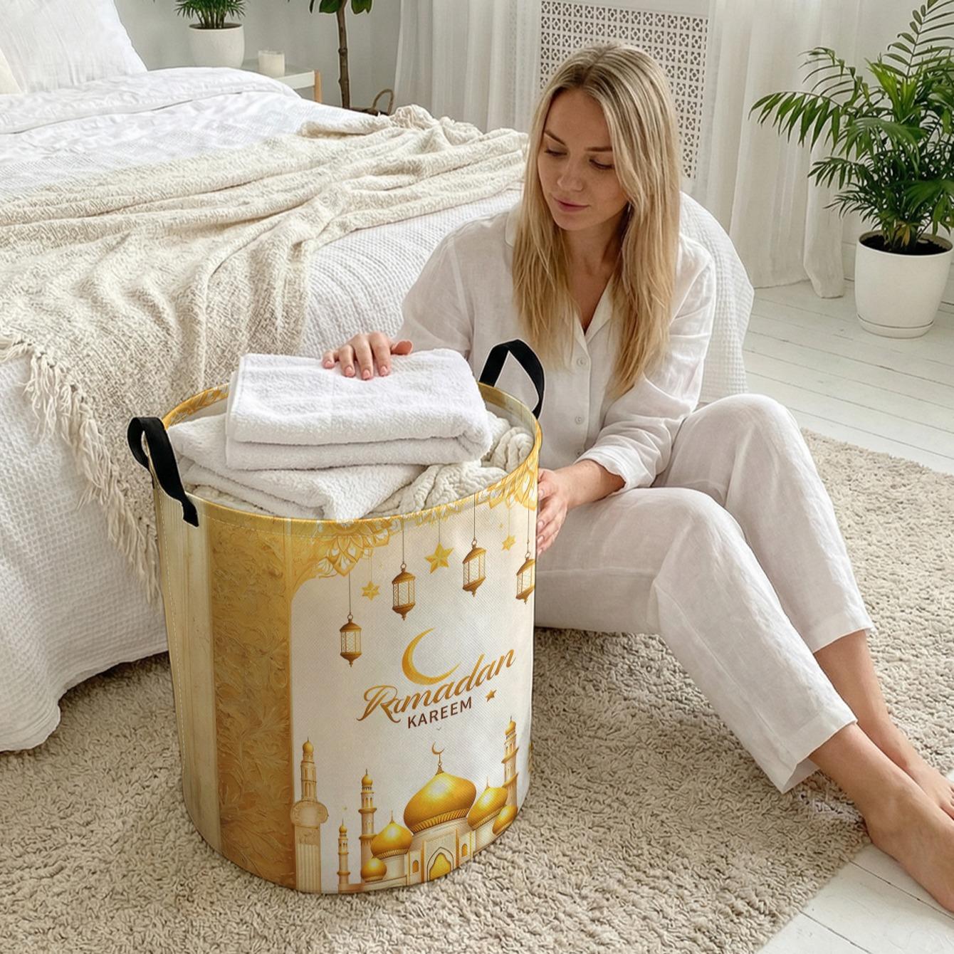 Castle Print Laundry Basket with Handle, Durable Halloween Home Foldable Dirty Clothes Storage, Large Capacity Toy Organizer