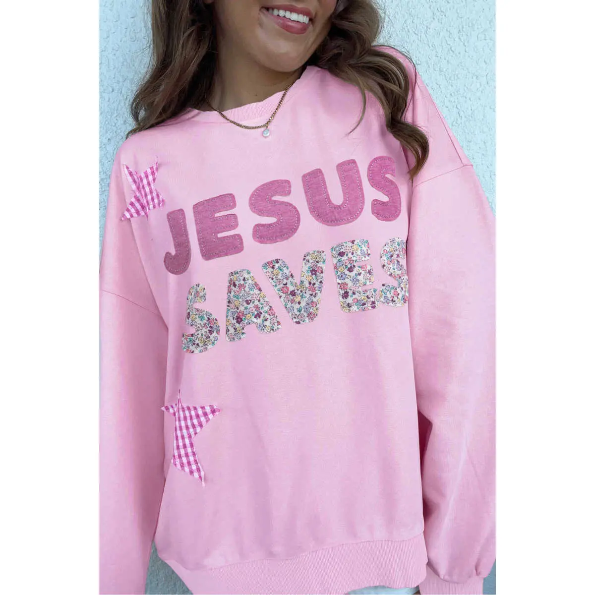 Pink Patchwork Stars Plaid Unique Floral Letters Baggy Sweatshirt