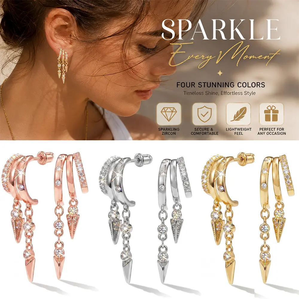 14K Gold Plated Trendy Stud Dangle Earrings for Women, Triple Huggie Stud Earrings Cute Statement Chain Earring | Hypoallergenic Dainty Drop Earrings Jewelry Shiny Cubic Zirconia Earrings Studs Holiday Gift