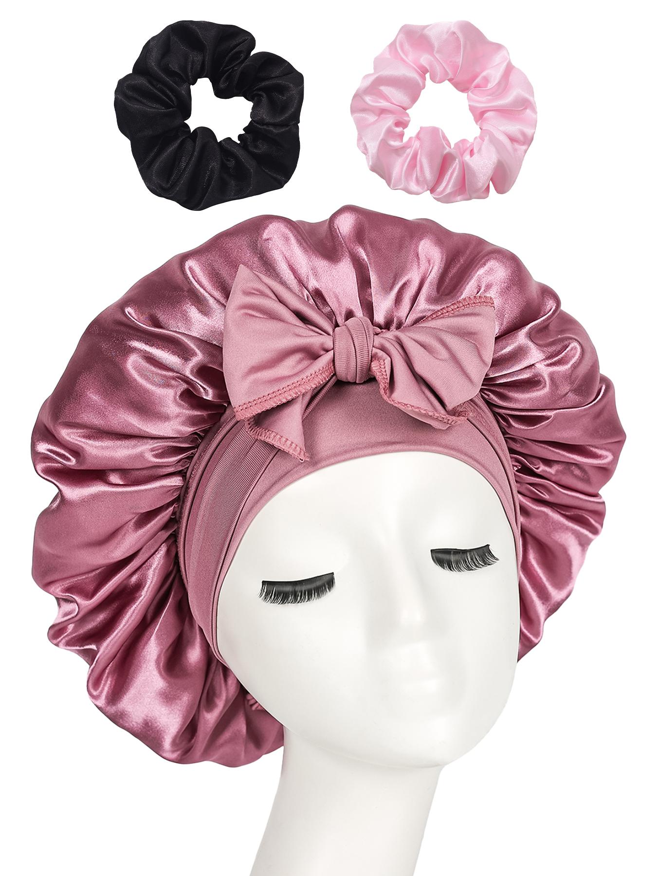 Women's Adjustable Satin Bonnet with Tie, Soft Breathable Sleep Cap, Fashionable Plain Color, Comfortable Hair Protection Hat + 2 Silk Hair Ties