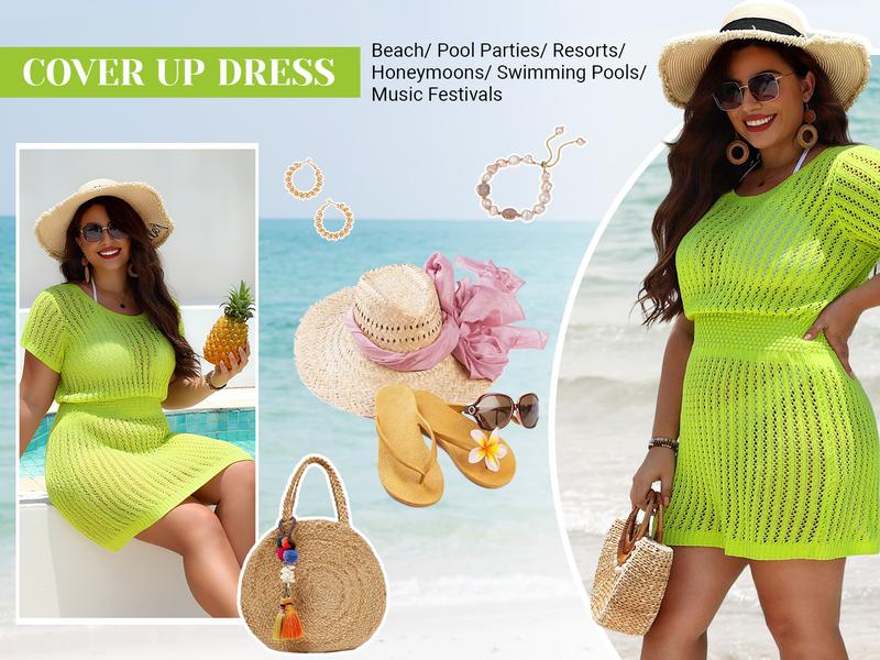 Aqua Eve Women's Plus Size Swimsuit Cover Up - Crochet Bathing Suit Coverup 2025 Short Sleeve Beach Dress Swimwear