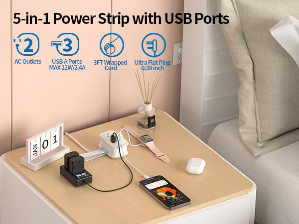 Travel Power Strip with USB Ports, NTONPOWER 2 Outlets 3 USB with 3FT Short Extension Cord Flat Plug, Mini Power Strip Flat Plug, Portable Small Size for Travel Cruise Essentials,