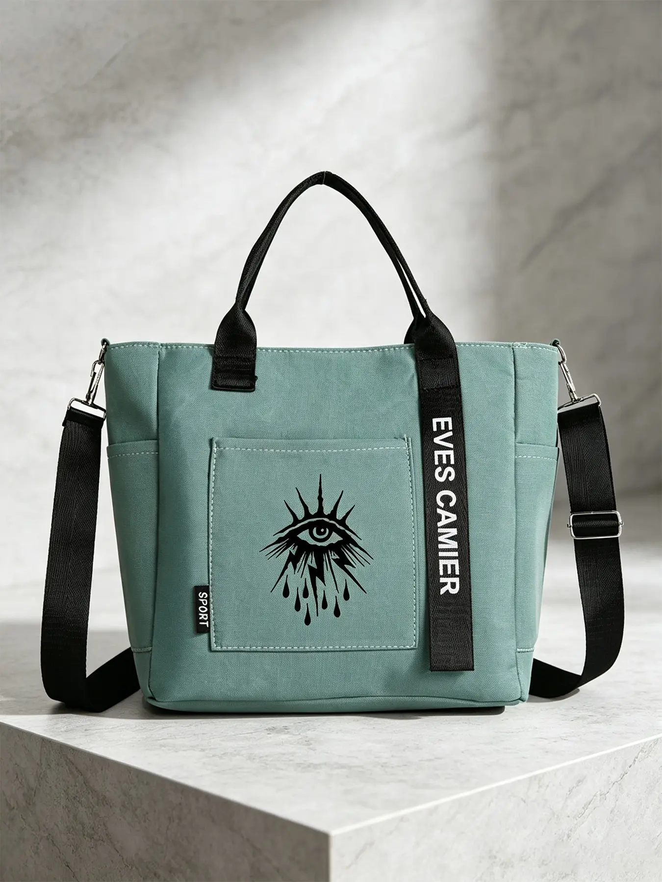 Punk Style Eye Theme Sailboat Print Tote Bag, Large Capacity Waterproof Crossbody Bag, Handheld Shoulder Bag for Students, Commuting, Daily Shopping