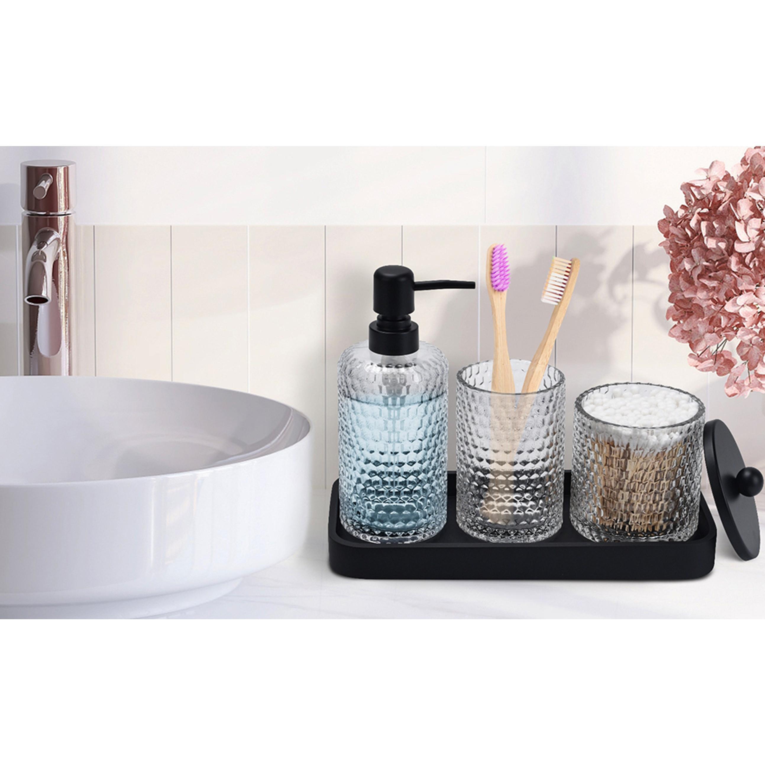 Bathroom Accessory Set,4 Pcs Clear Glass Bathroom Accessories Set-Lotion Soap Dispenser,Toothbrush Holder,Qtip Holder Dispenser & Resin Vanity Tray,Countertop Vanity Organizer,Crystal Clear