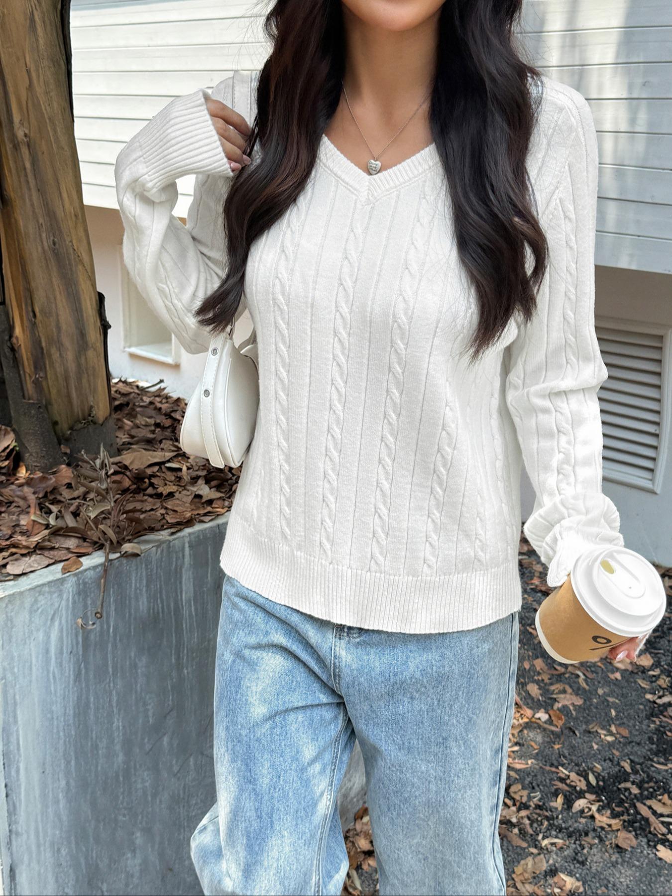 Women's V Neck Long Sleeve Sweater Knitwear, Casual Home Wear, Comfortable Fabric, Perfect for Winter, Knitted Pullover Top