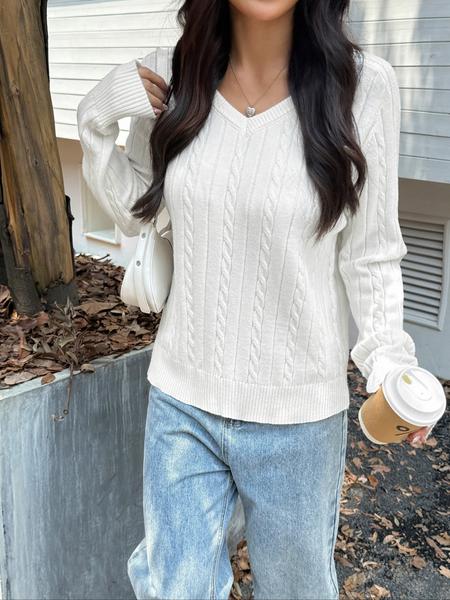 Women's V Neck Long Sleeve Sweater Knitwear, Casual Home Wear, Comfortable Fabric, Perfect for Winter, Knitted Pullover Top